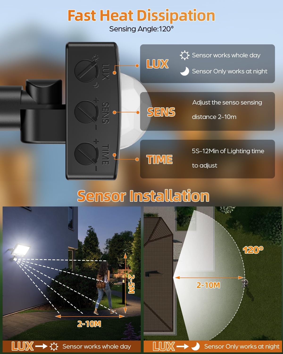 100W 10000LM Foco LED Exterior con Sensor Movimiento 2 Piezas, 6500K Blanco Frío Impermeable IP67 Foco Exterior con Sensor de Movimiento para Patio, Jardín