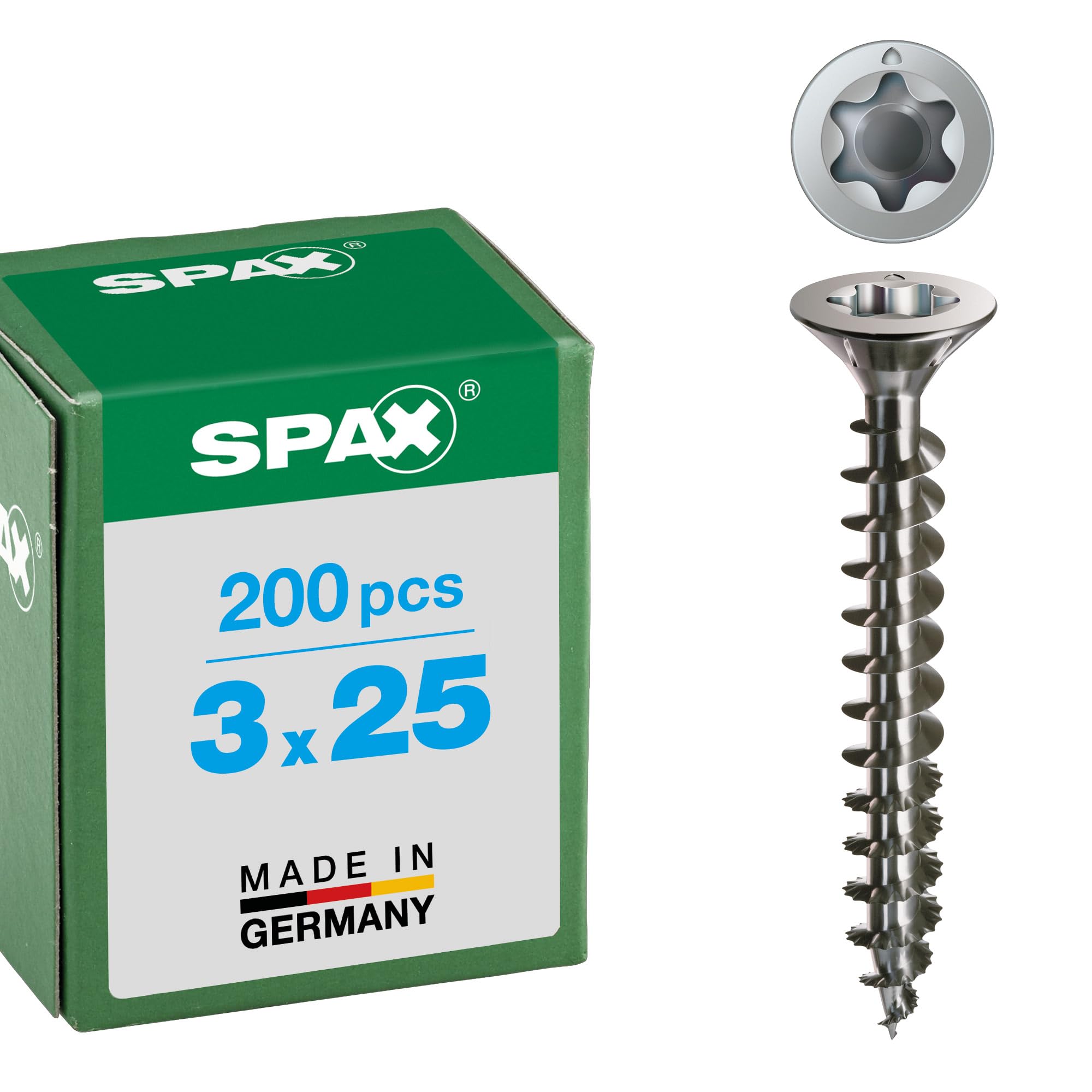 SPAX Universalschraube aus Edelstahl rostfrei A2, 3,0 x 25 mm, 200 Stück, T-STAR plus, Senkkopf, Vollgewinde, S-Spitze, 1197000300253