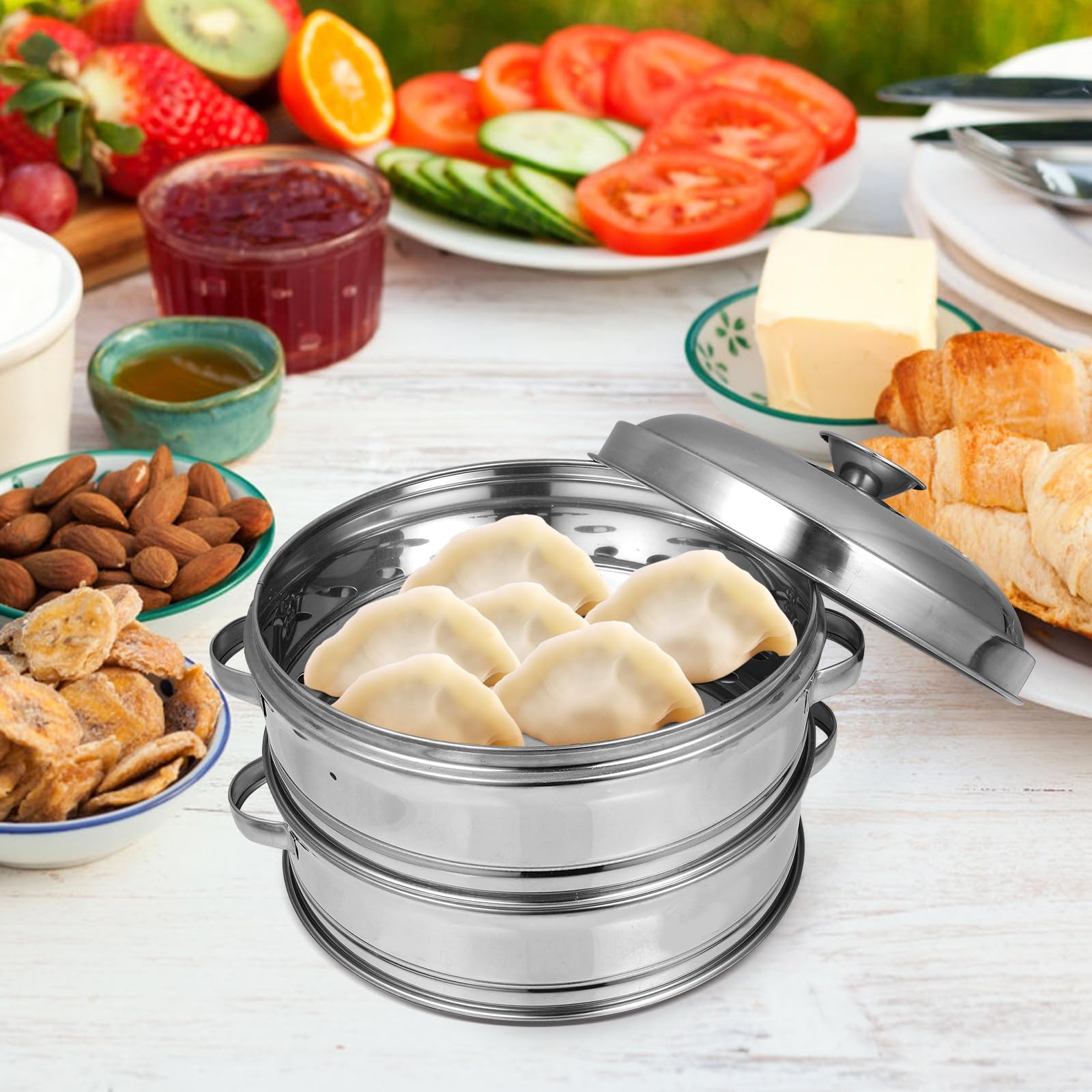 Panier Vapeur Inoxidable 20 Cm avec Poignées Lot 2 Paniers Vapeur pour Légumes et Petits Pains 1 Couvercle Compatible Autocuiseur Accessoire la Cuisine Alimentaire Pratique
