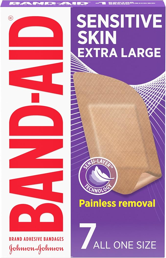 Band-Aid Brand Adhesive Bandages for Sensitive Skin, Hypoallergenic First Aid Bandages with Painless Removal, Stays on When Wet & Suitable for Eczema Prone Skin, Extra Large Size, 7 ct
