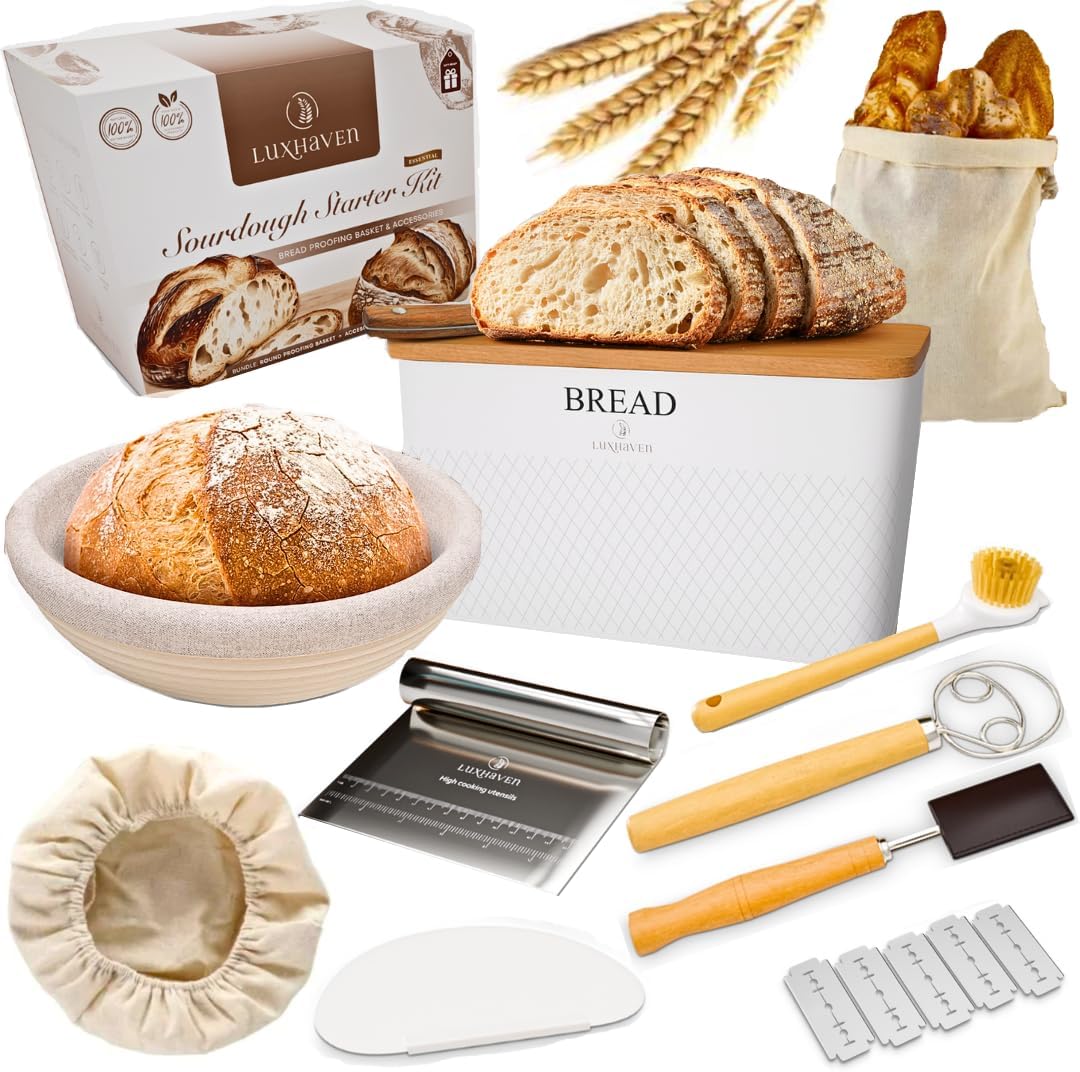 Sourdough Bread Baking Supplies Kit – 9 Inch Proofing Basket with Liner, Metal Bread Box with Bamboo Cutting Board Lid – E-Recipe Book – Storage Bag & Sour Dough Tools & Accessories Sourdough Bread Baking Supplies Kit – 9 Inch Proofing Basket with Liner, Metal Bread Box with Bamboo Cutting Board Lid – E-Recipe Book – Storage Bag & Sour Dough Tools & Accessories