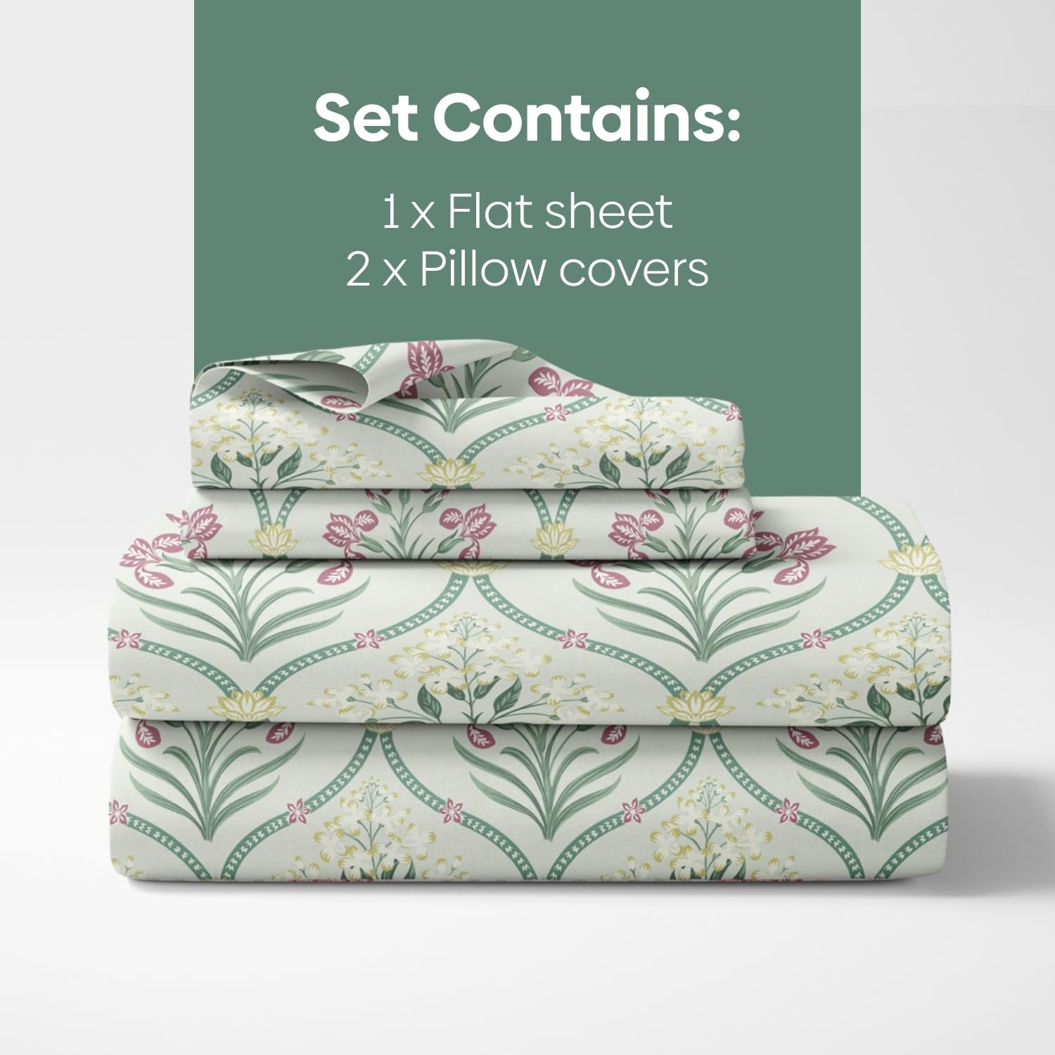 haus & kinder Pure Cotton Queen Size Floral Bedsheet with 2 Pillow Cases, 186 TC Bedsheet for Double Bed, 90X100 Inches Bed Sheet-Green Blossom 4