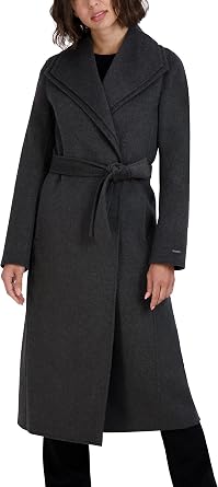 TAHARI Womens Slim Fit Double-faced Soft Wool Blend Wrap Coat With Tie Belt Long Wool Coat