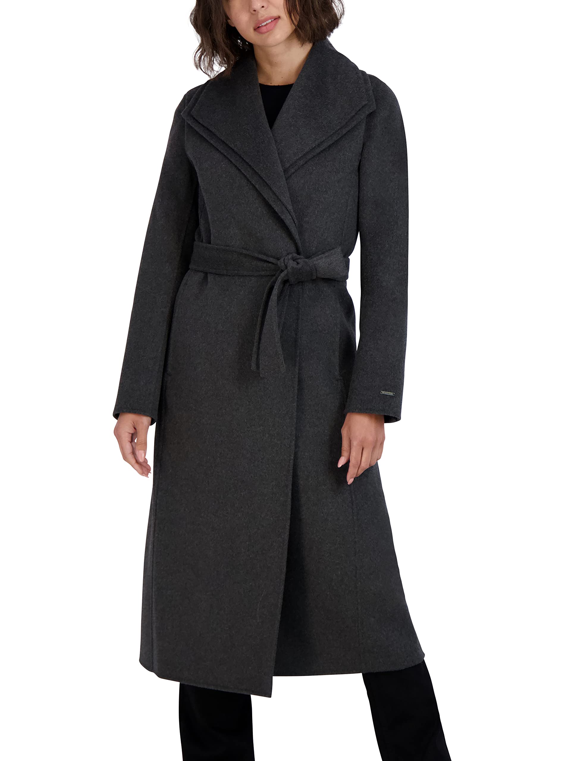 TAHARI Womens Slim Fit Double-faced Soft Wool Blend Wrap Coat With Tie Belt Long Wool Coat
