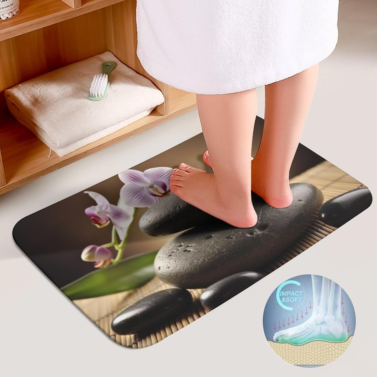 Anti-Skid Floor Mats 3 Piece Set,Zen Stone Printed Coral Fleece Bathroom Mats U-Shaped Contour Mat Toilet Seat Cover for Bathroom, Tub, Shower, Kitchen 19.7"x31.5"