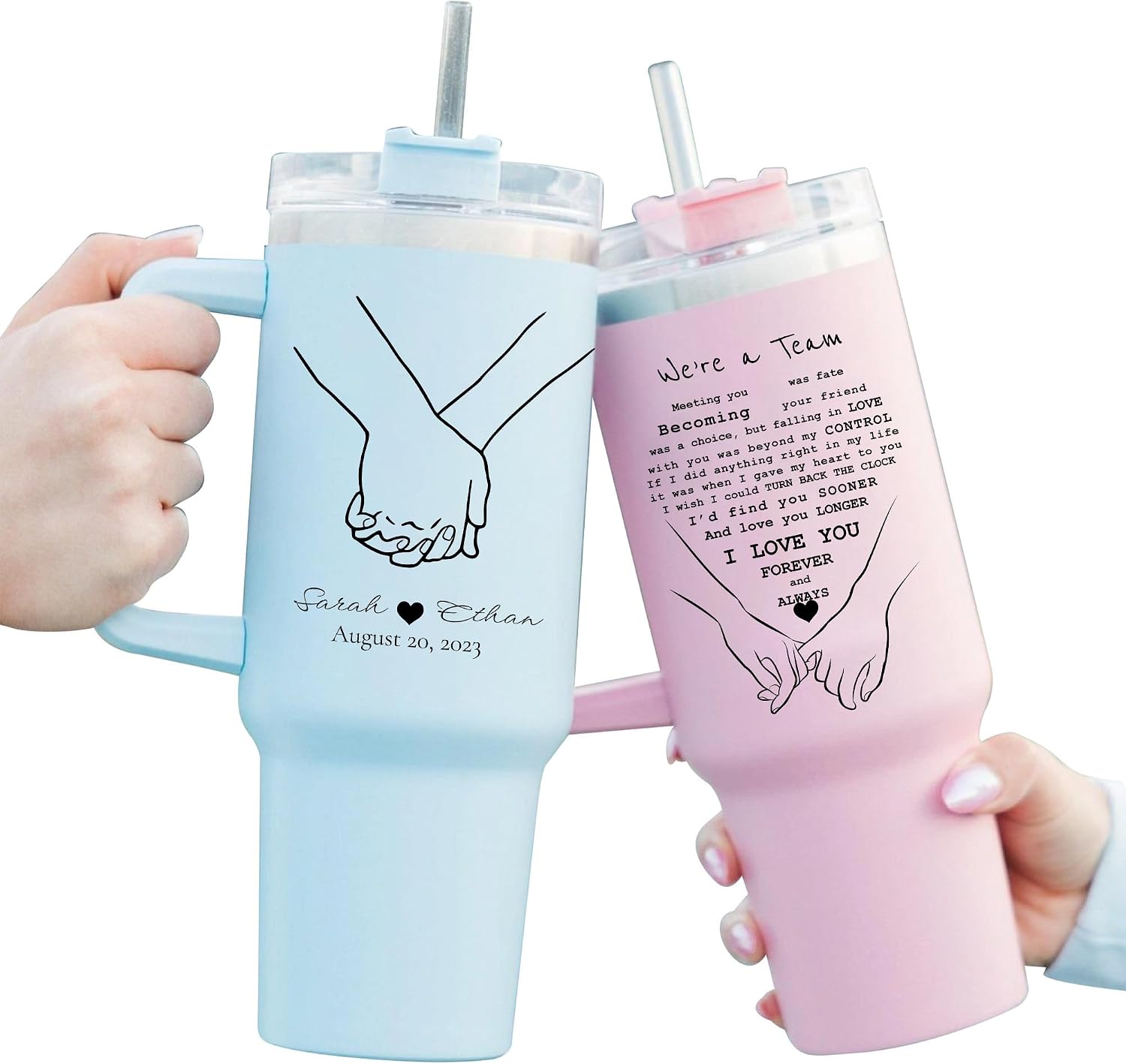 We're A Team Personalized Laser Engraved40 oz Large Tumbler with Handle,Straw&Lid,Gifts For Her - Stainless Steel Love Tree Tumbler,Gift For Him-Birthday Gifts for Wife,Gift For Lover-Valentines Day