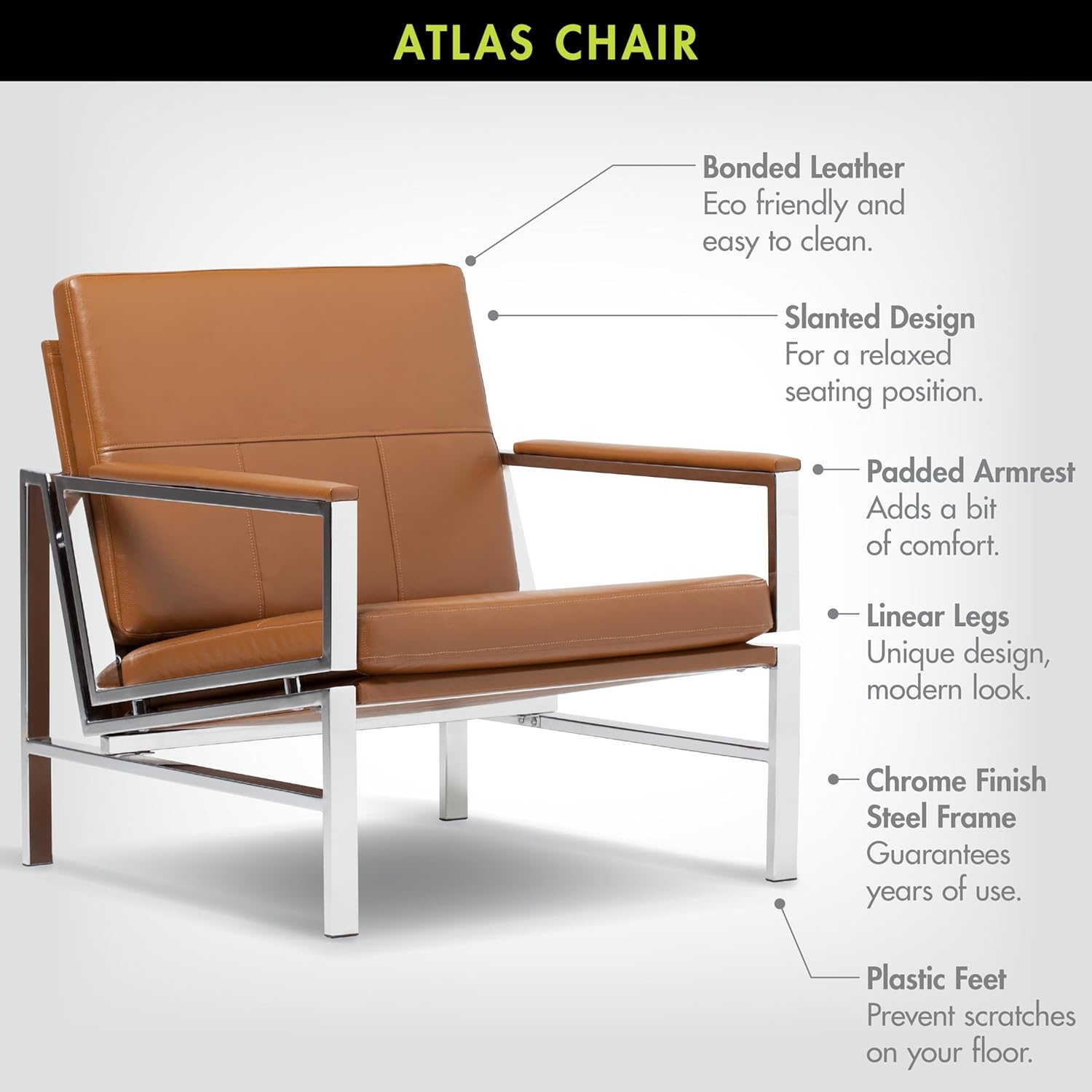Studio Designs Atlas Modern Accent Chair with Padded Armrests - 29.5" W x 32" D x 33" H - Armchair for Home or Office - Caramel Brown Bonded Leather Fabric and Chrome Legs