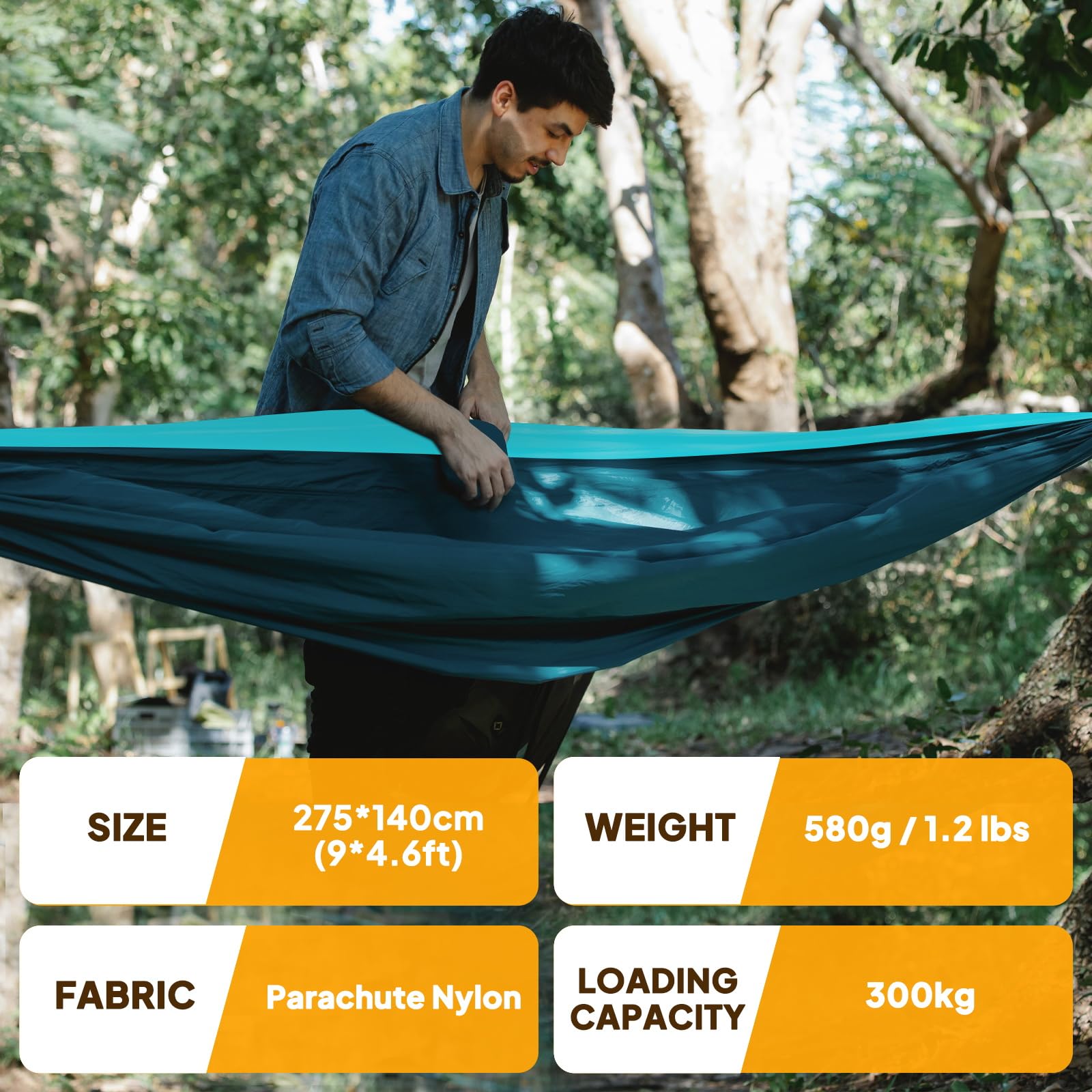 NTUREFUN Amaca da Campeggio da Viaggio Ultraleggera | Capacità di Carico 300kg,(275 x140 cm) Traspirante,Nylon da Paracadute ad Asciugatura Rapida | 2 x Moschettoni, 2 x Corde in Nylon Incluse