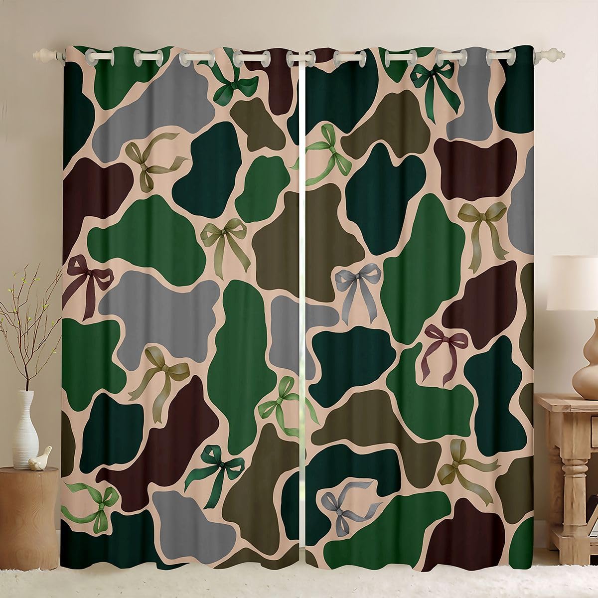 Homewish Zielone zasłony okienne moro, 117 x 183 cm, 2 zestawy paneli – vintage kokarda, moro, zasłony zaciemniające, nowoczesne, modne, kokarda, wstążka, zasłony okienne, zasłony w stylu wojskowym