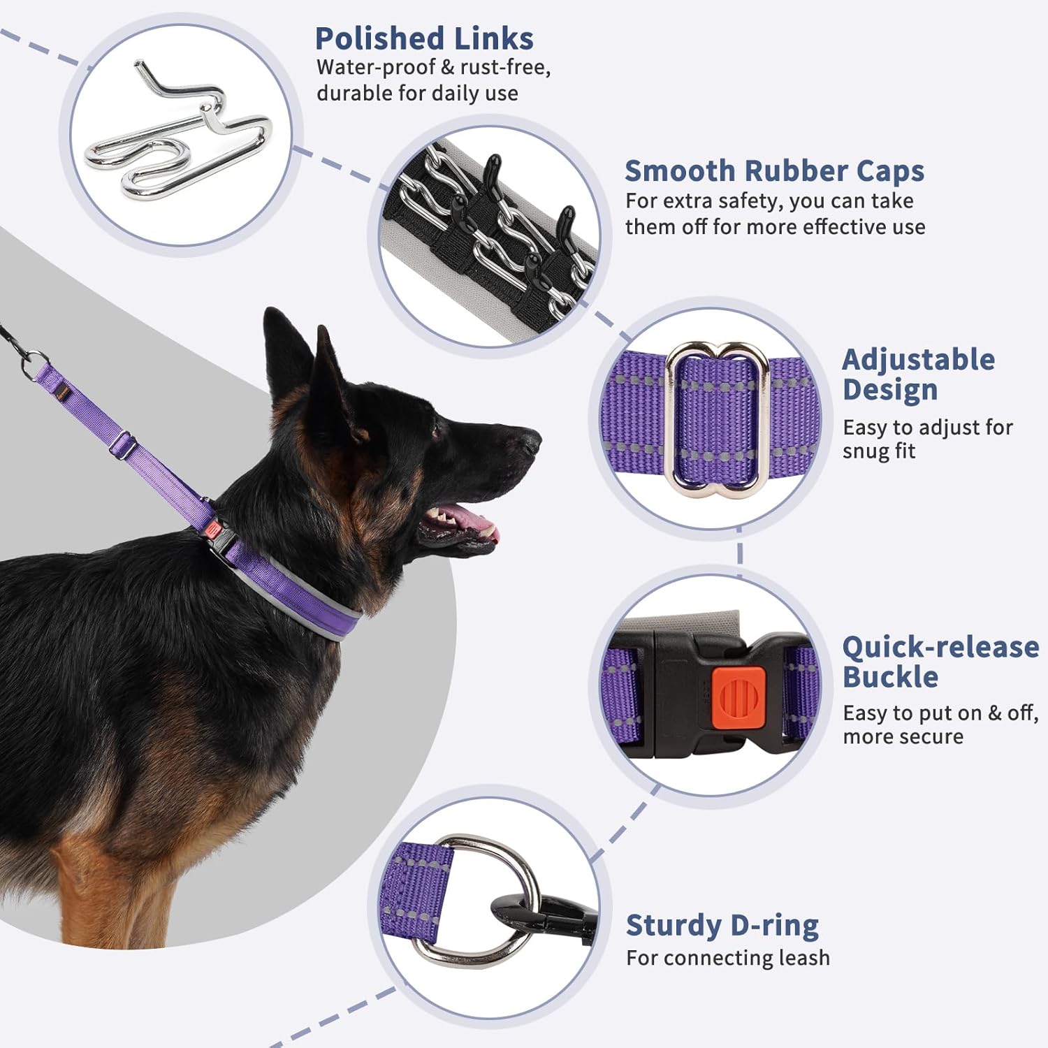 Mayerzon Martingale Dog Collar for Pulling, Patented No Pull Training Walking Collar with Buckle for Medium Large Dogs Bulldog Pitbull German Shepherd, Reflective, Adjustable, Heavy-Duty(M, Purple)