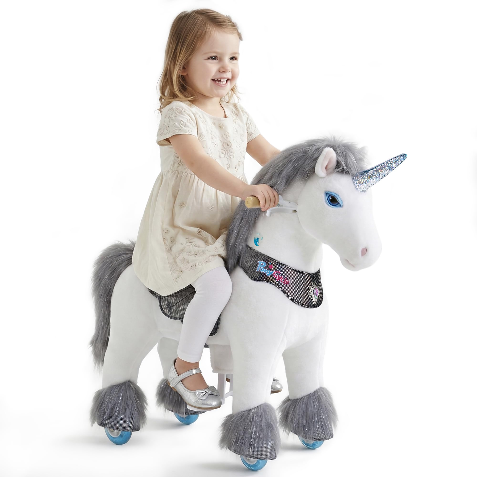 PonyCycle Modell Y Einhorn zum Reiten | Grau | 3-4 Jahre | mit Bremse | Reit-Einhorn für Kinder, Pailletten-Horn & 4 Sounds, beweglicher Sattel, Handbremse, leise Räder, Indoor & Outdoor, Größe 3