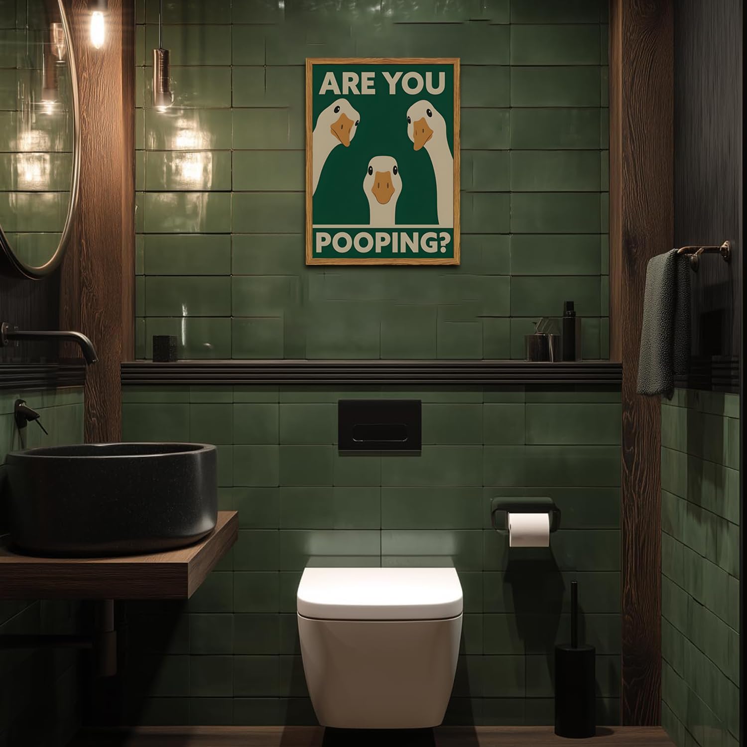 Framed Funny Goose Bathroom Wall Art, Are You Pooping Sign Pictures Wall Decor, Cute Farmhouse Animal Paintings Canvas Prints Humorous Home Decor for Restroom Toilet 12x16 inch