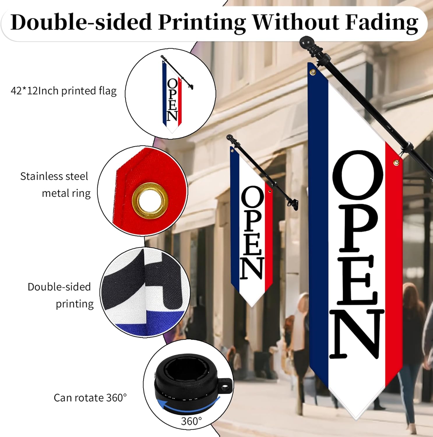 OPEN Flag with Pole Kit - Heavy Duty Canvas Open Banner for Business Storefront, 42x12 Inch Outdoor Double-Sided Sign with Bracket - Advertising Signage for Retail & Shops (Patriotic)