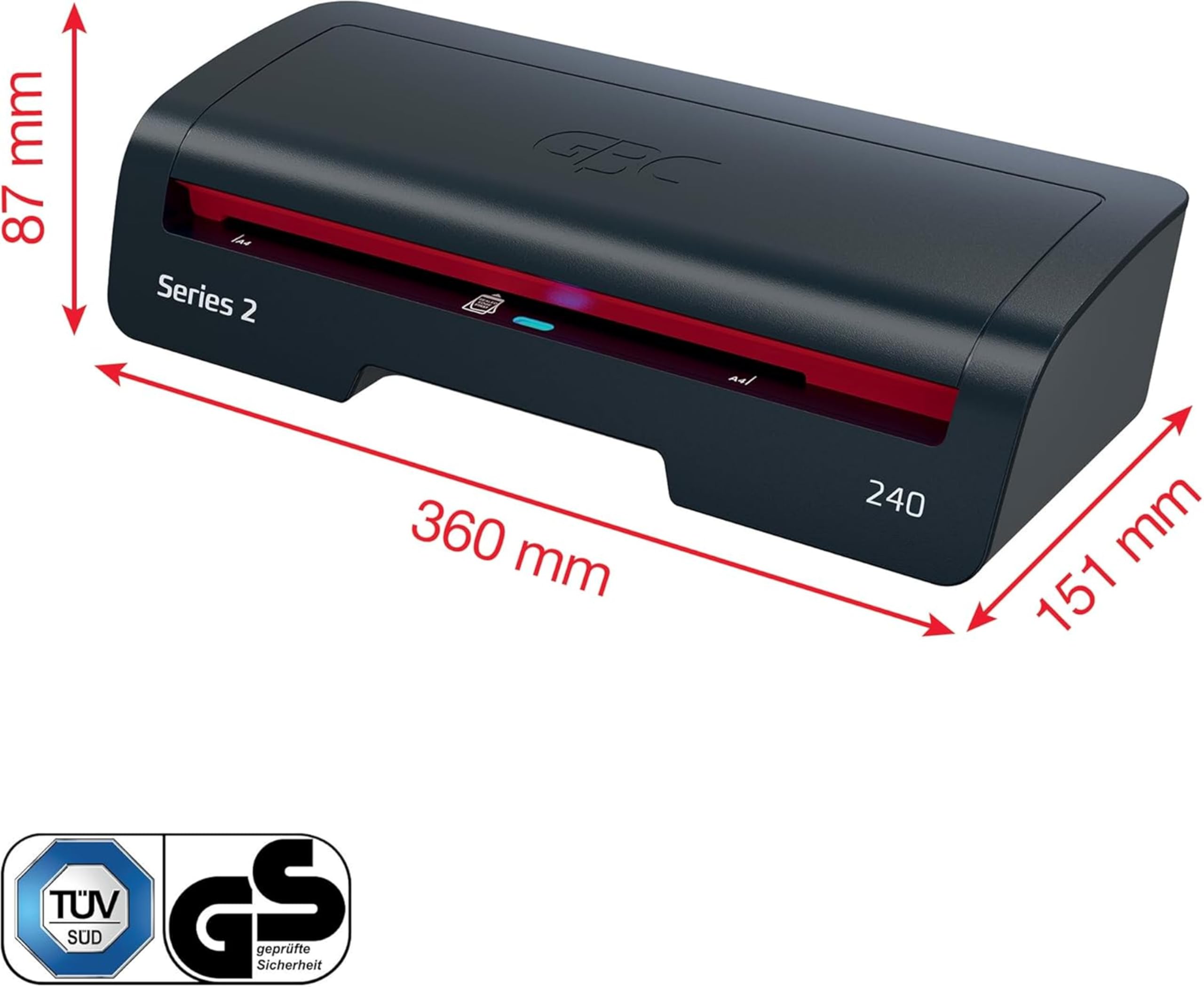 GBC 4410068EU - Plastificadora 240 Home Office A4, Calentamiento Rápido en 2 Minutos, 75-125 Micras, Antiatascos, Apagado Automático, Incluye 5 Fundas de Plastificación A4, Negro/Rojo