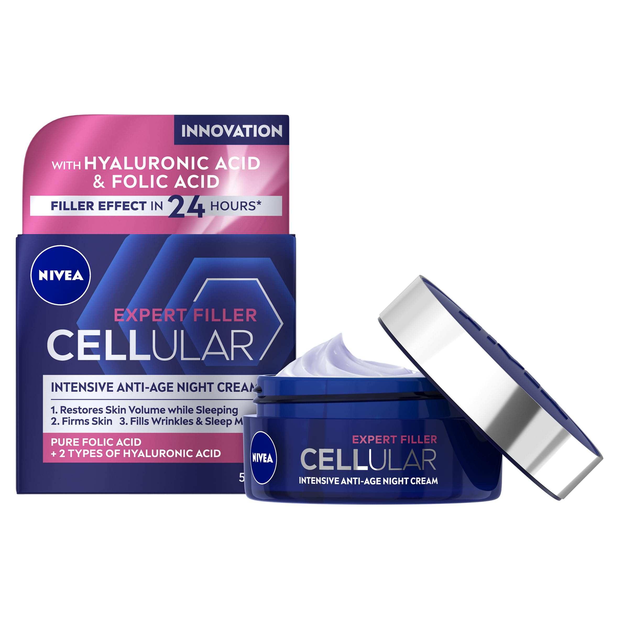 Nivea Hyaluron Cellular Filler Anti-Age Night Cream (50Ml), Night Cream For Women With Hyaluronic Acid And Magnolia Extract, Anti Wrinkle Night Cream, Night