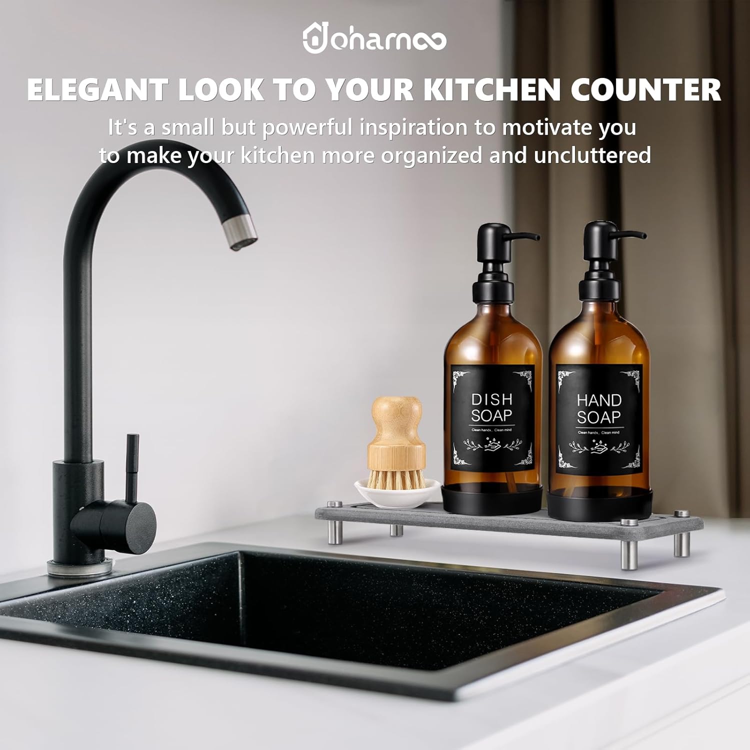 Dish Soap Dispenser Set for Kitchen 16oz Glass Bottle with Stainless Steel Pump, Instant Dry Tray, Perfect for Kitchen Decor and Bathroom Accessories, Women’s Gifts for Christmas