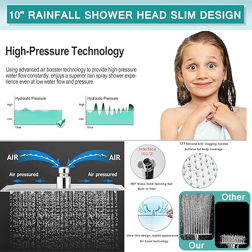 Miniatura 6 de Cabezal de ducha de alta presión de 10 pulgadas con cabezal de ducha de mano de 5 ajustes, cabezal de ducha doble con brazo de extensión de 11