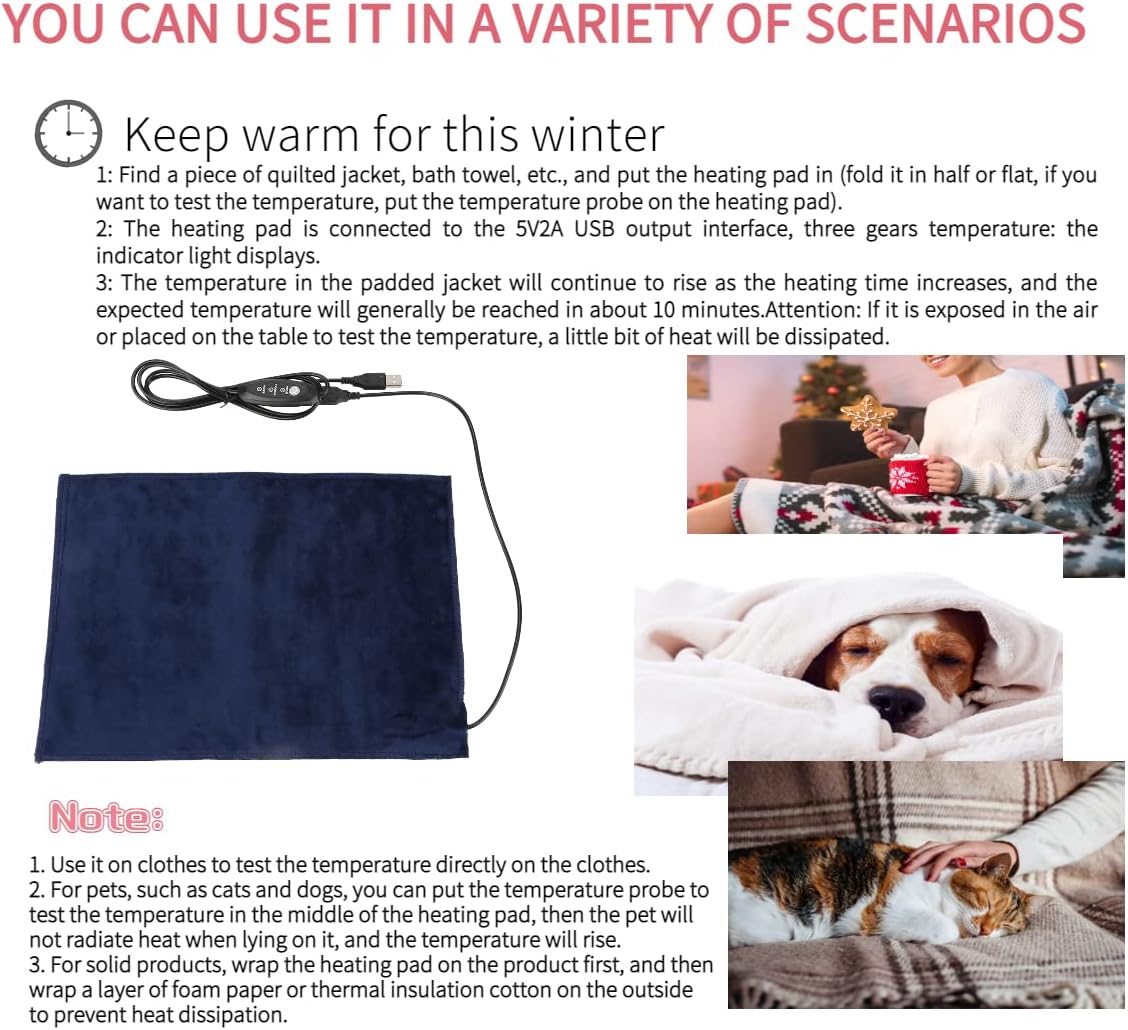 Akozon USB Heating Pad 5V 2A Electric Cloth Heater Washable Foldable Pad 45℃ 9.511.8in 3 Mode Adjustable Temperature and Timer for Clothes Seat Pet Warmer