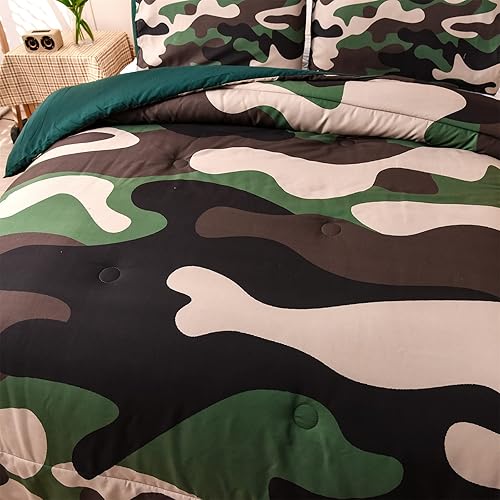 Vista 110 de Meeting Story Juego de ropa de cama de camuflaje, juego de edredón estilo patrón colorido, 5 piezas, un edredón, dos fundas de almohada, dos sábanas