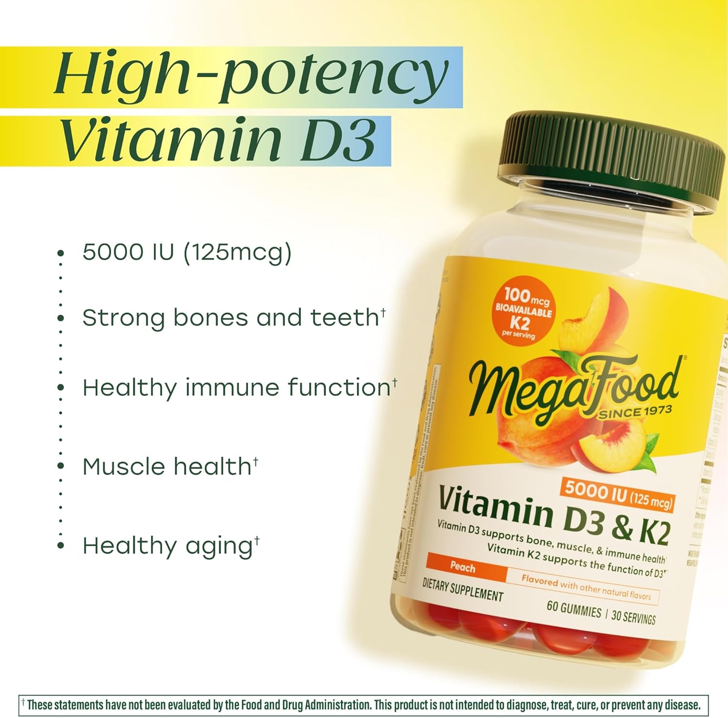 MegaFood Vitamin D3 K2 Gummies - Vitamin D 5000 IU for Bone & Immune Health Plus Support for Optimal Calcium Absorption - Peach Flavor, Pectin Based - 60 Vegetarian D3 and K2 Supplements, 30 Servings
