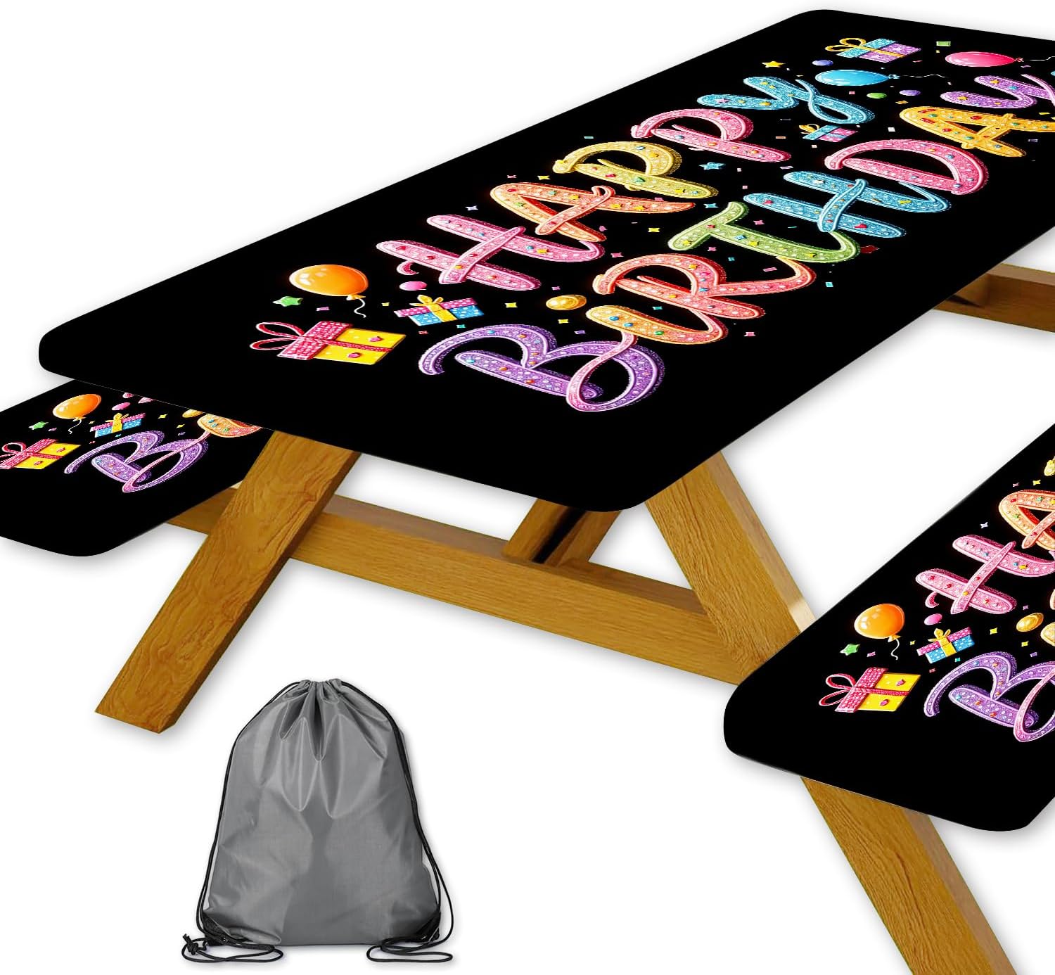 Happy Birthday Picnic Table Cover with Bench Covers, Colorful Candy Sprinkle Design Waterproof Camping Tablecloth, Elastic Fitted Rectangle Table Set with Drawstring Bag, 3PCS, 30x72 Inch