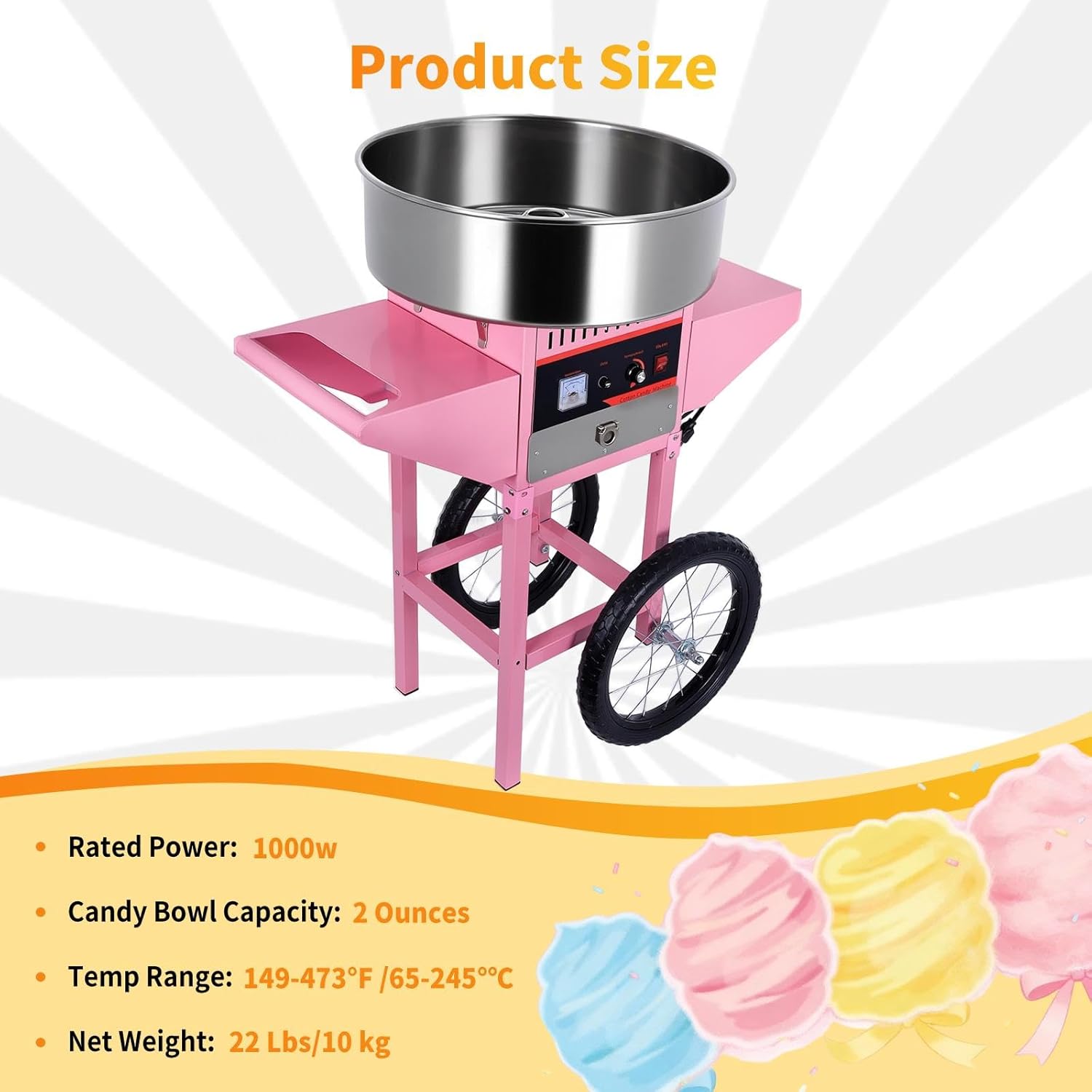 1000W High-Speed Cotton Candy Maker, 3000R/M with 20in Stainless Steel Sugar Bowl, Includes Sugar Scoop and Storage Drawer, for Commercial and Home Use