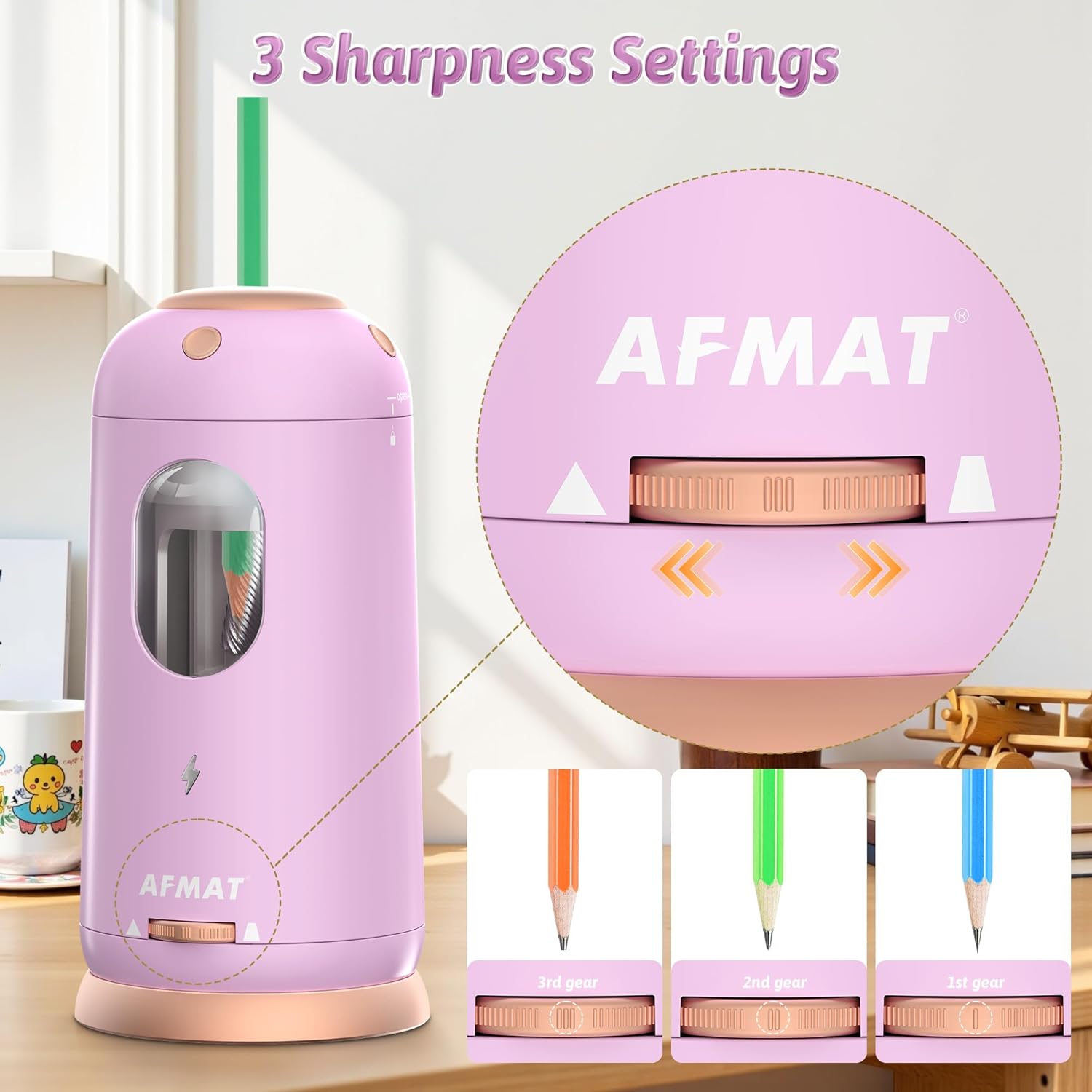 AFMAT Electric Pencil Sharpener, Auto in & Out, Fully Automatic Pencil Sharpener, Rechargeable Hands-Free Sharpeners for Jumbo & Colored Pencils (7-11.5mm), Good for Classroom/Home PSC8(Light Purple)