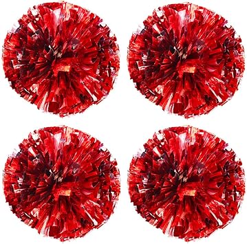 TTSAM 4 Pack 2 Pair Metallic Foil Cheerleader Pom Poms & Plastic Ring Cheer Poms with Baton Handle Cheerleading Pompoms for Sports Party Dance Team Accessories Cheering Squad Spirit Red & Silver