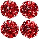 TTSAM 4 Pack (2 Pair) Metallic Foil Cheerleader Pom Poms & Plastic Ring Cheer Poms with Baton Handle Cheerleading Pompoms for Sports Party Dance Team Accessories Cheering Squad Spirit (Red & Silver)