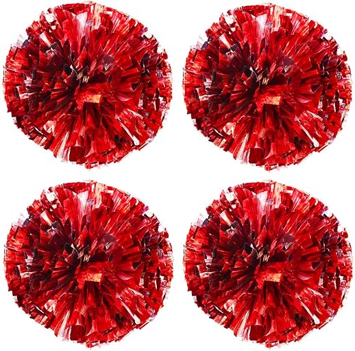 TTSAM 4 Pack (2 Pair) Metallic Foil Cheerleader Pom Poms & Plastic Ring Cheer Poms with Baton Handle Cheerleading Pompoms for Sports Party Dance Team Accessories Cheering Squad Spirit (Red & Silver)
