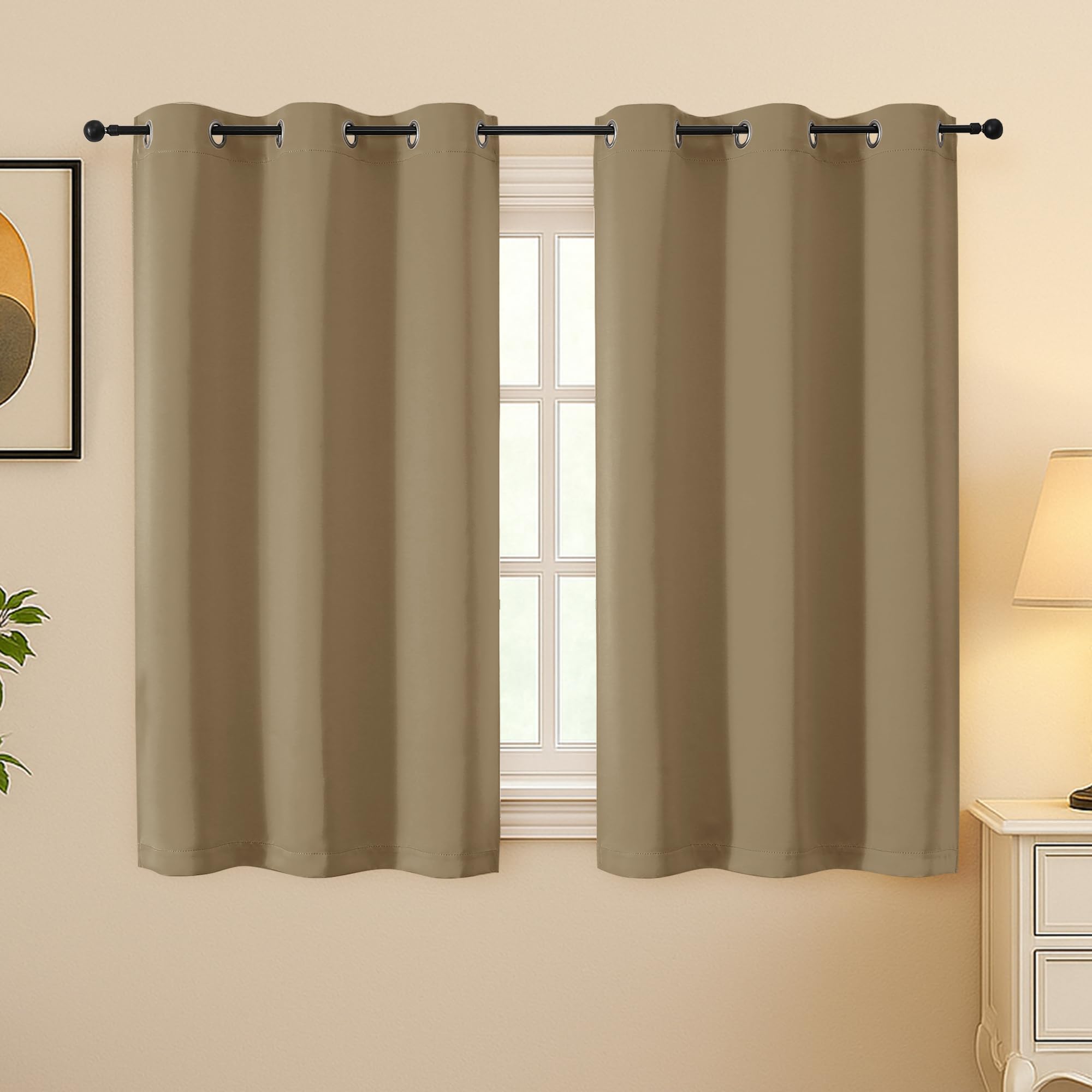 Simplebrand Taupe Room Darkening Curtains for Bedroom 45 Inches Long 2 Panels Set, Sunlight Blocking Curtains for Small Windows, Grommet Energy Saving Thermal Insulated Short Drapes, 40Wx45L