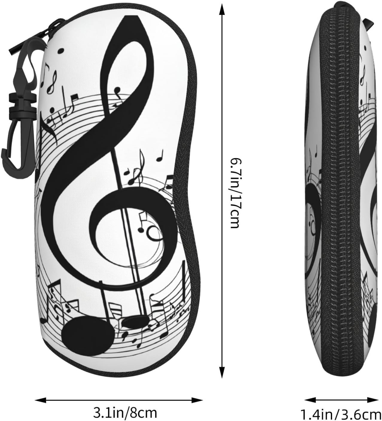 (Music) Portable Glasses Case Soft Lightweight Eyewear Pouch with Zipper Neoprene Sunglasses Bag with Carabiner Compact Flexible Travel Sleeve for Purse Backpack Car Office image 4