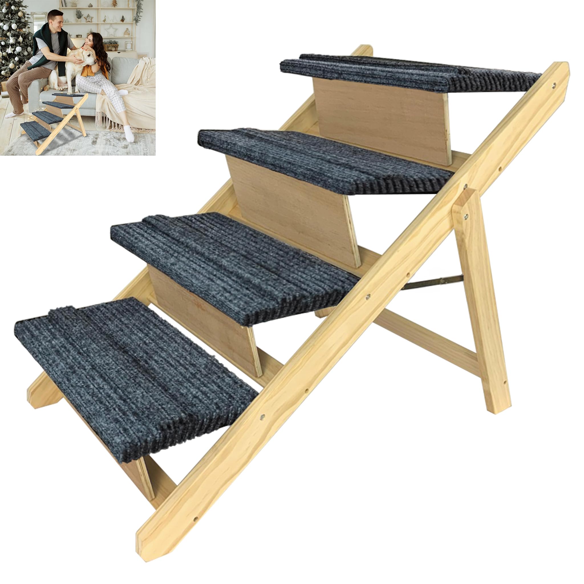 FIVMEN Scaletta per cani 2 in 1 Rampa per cani in legno pieghevole Regolabile in altezza con tappetino antiscivolo Scaletta per animali domestici per letto e divano, 100x47x63cm