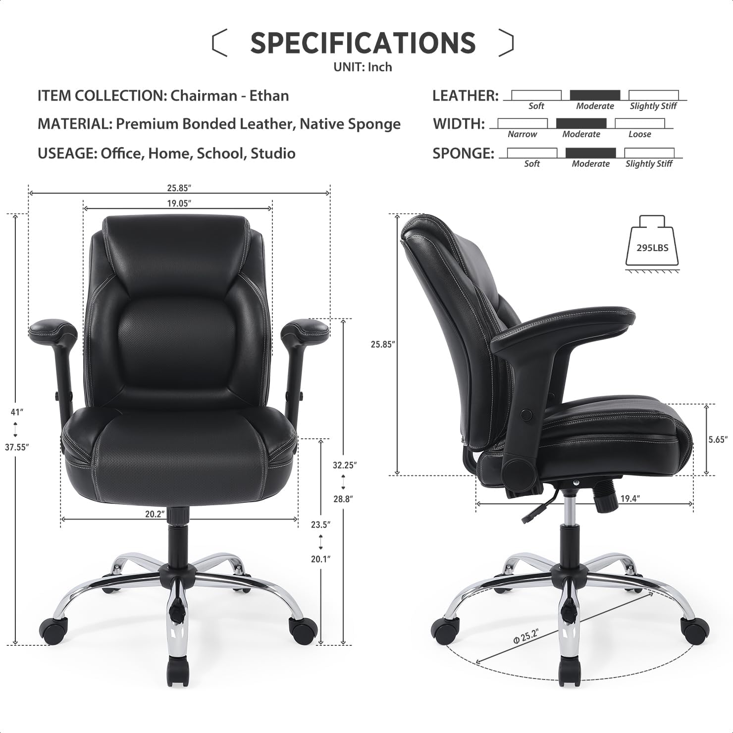Ergonomic Heavy Duty Mid-Back Padded Bonded Leather Padded Adjustable-Height/Tilt Office Chair, Comfortable Swivel Computer Desk Task Office Stool with Functional Arms, Design for Sedentariness, Black