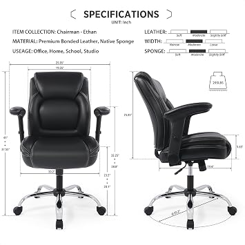 Ergonomic Heavy Duty Mid-Back Padded Bonded Leather Padded Adjustable-Height/Tilt Office Chair, Comfortable Swivel Computer Desk Task Office Stool with Functional Arms, Design for Sedentariness, Black