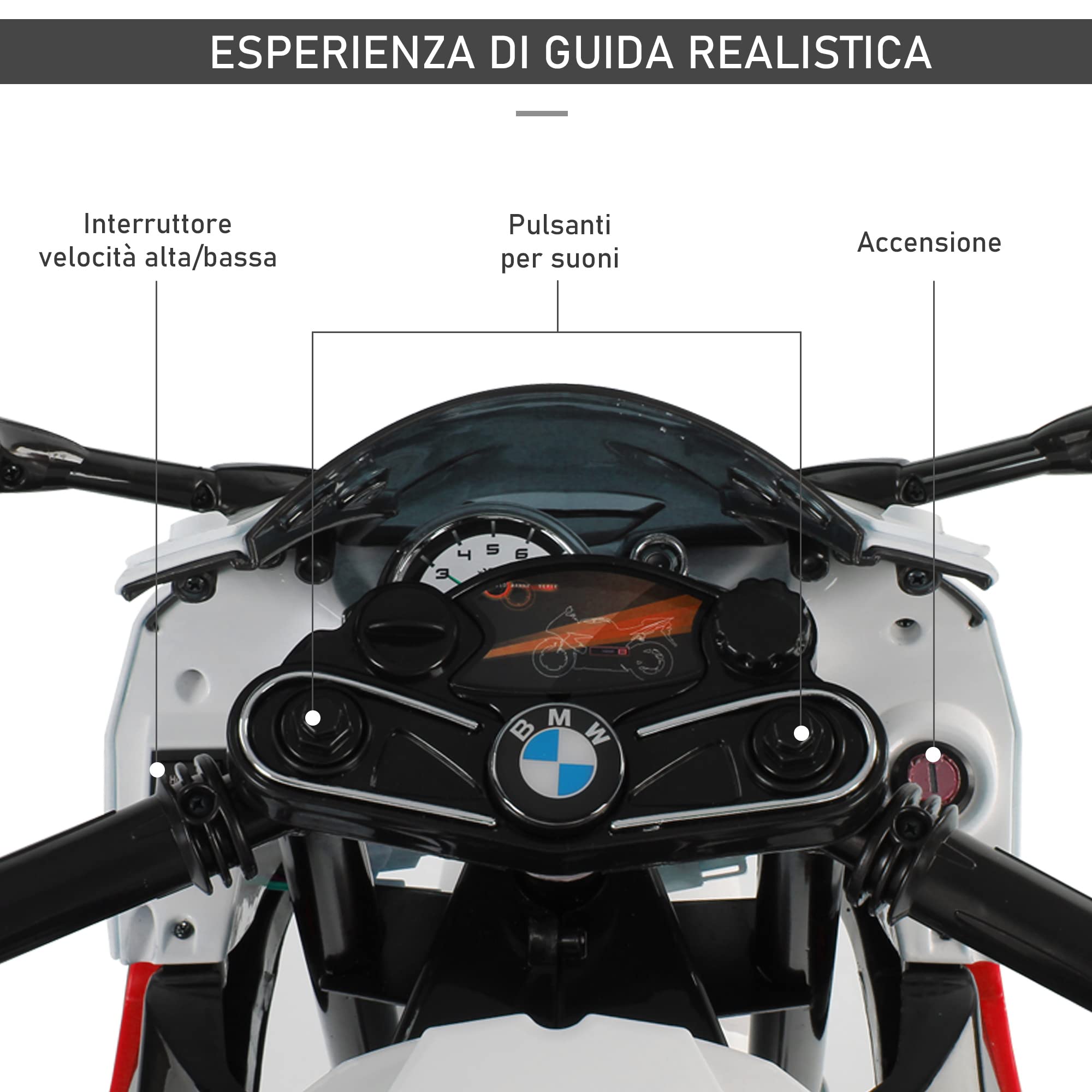 HOMCOM Moto Elettrica per Bambini 3-8 Anni con Licenza BMW, Velocità 2.5-5Km/h, Motocicletta Elettrica con Batteria 12V, Rotelle e Luci, 110x47x69 cm, Nero e Rosso