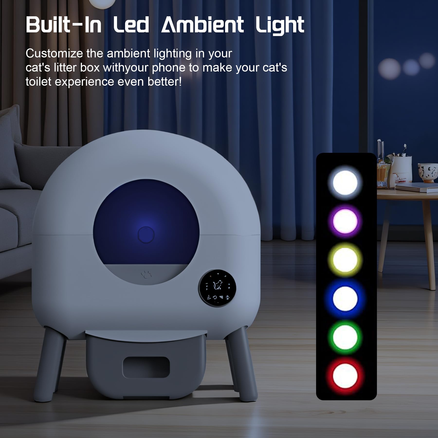 Litière Chat Autonettoyante XXL 76L, App, Anti-Odeur, LED, Multi-Chat | Capteurs sécurité anti-pincement, module parfum anti-odeur, 76L+13L, 1.5-12.5kg, éclairage LED, app poids, multi-chats, 15j.