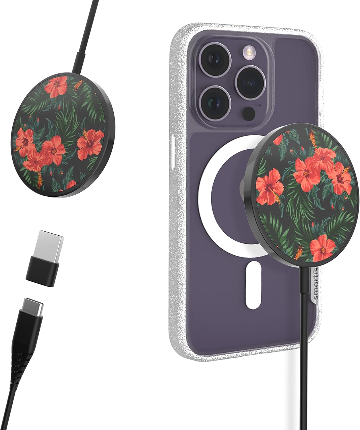 Smartish Wireless Charger Compatible with MagSafe for iPhone 15- Charge Dinghy - 7.5W Fast Charging for iPhone 17/16/15/14/13/12 Series/AirPod 3 [USB-C and USB-A Adapters Included] - Tropical