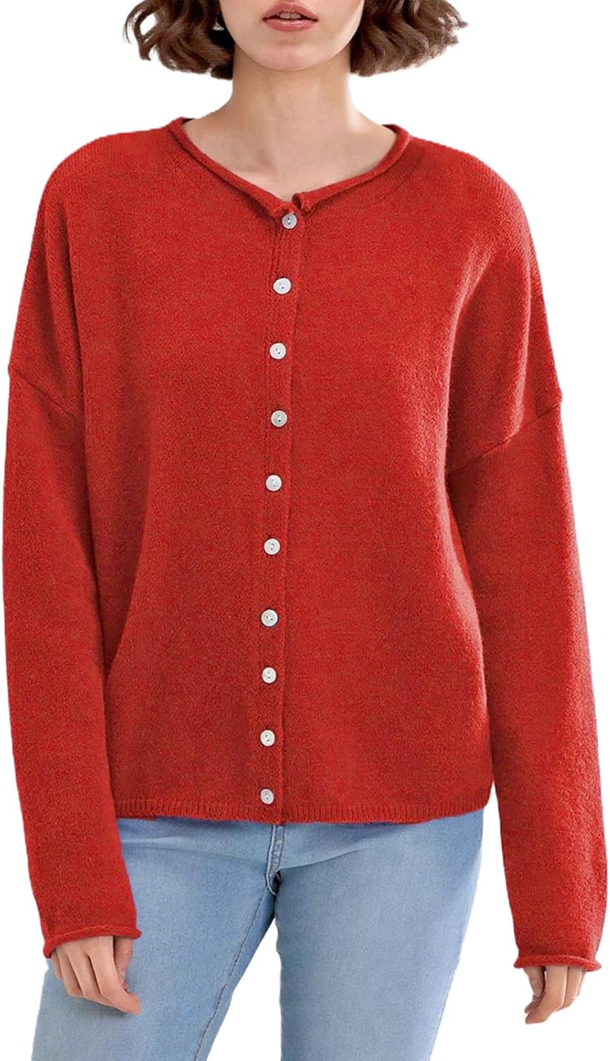 Women Casual Cardigan Sweater Lightweight Loose Crewneck Button Down Long Sleeve Basic Knit Tops