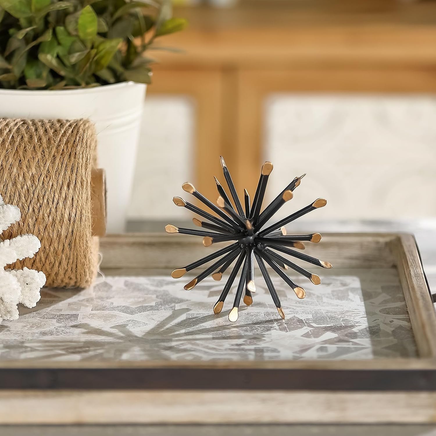 Black & Gold Sphere Decor, Metal Starburst Table Shelf Decor, Geometric Decorative Objects for Shelves, 3D Spike Decor Sculpture Home Decor Accents, 4.3”