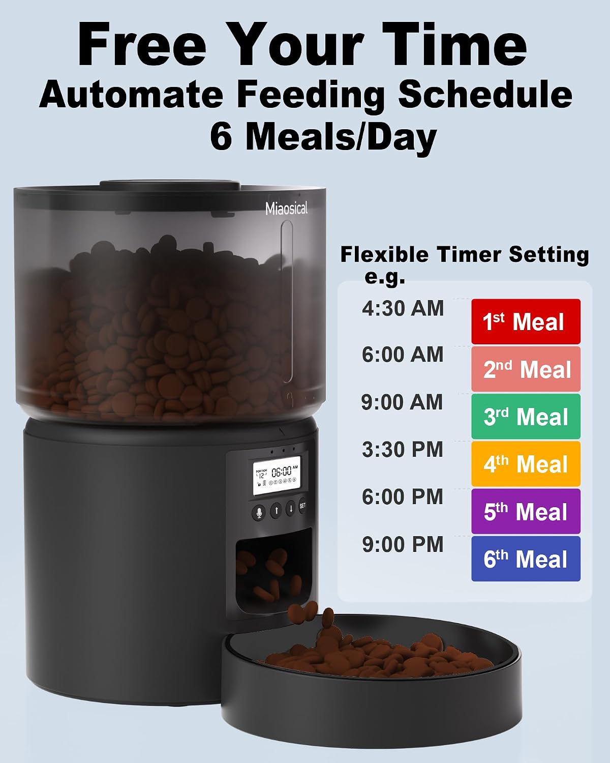 Miaosical Automatic Pet Feeder displaying a flexible timer setting schedule with 6 meals per day.
