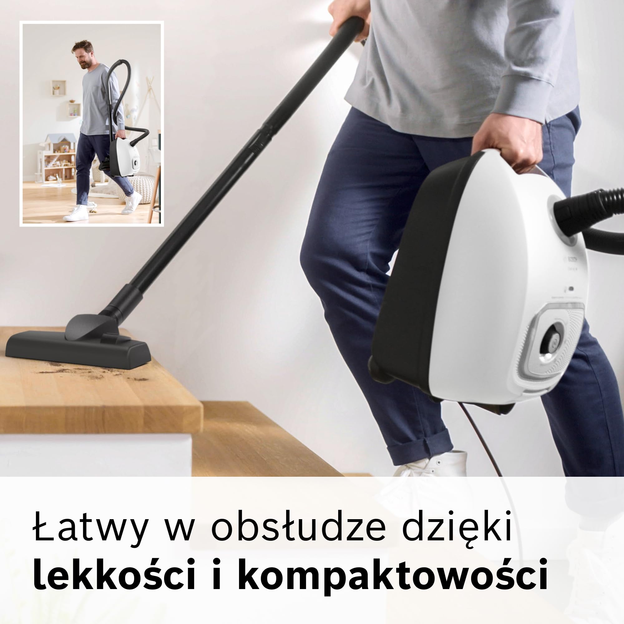 Bosch Serie 4 Odkurzacz Workowy, Promień Działania 11 m, Pojemność Worka XL, Ssawka do Tapicerki, Ssawka Szczelinowa, Zintegrowany Schowek na Akcesoria, Biały, BGB41WH1 | Odkurzacz z workiem XL, szczotka do tkanin i szczelin, zmywalny filtr, wyprodukowano