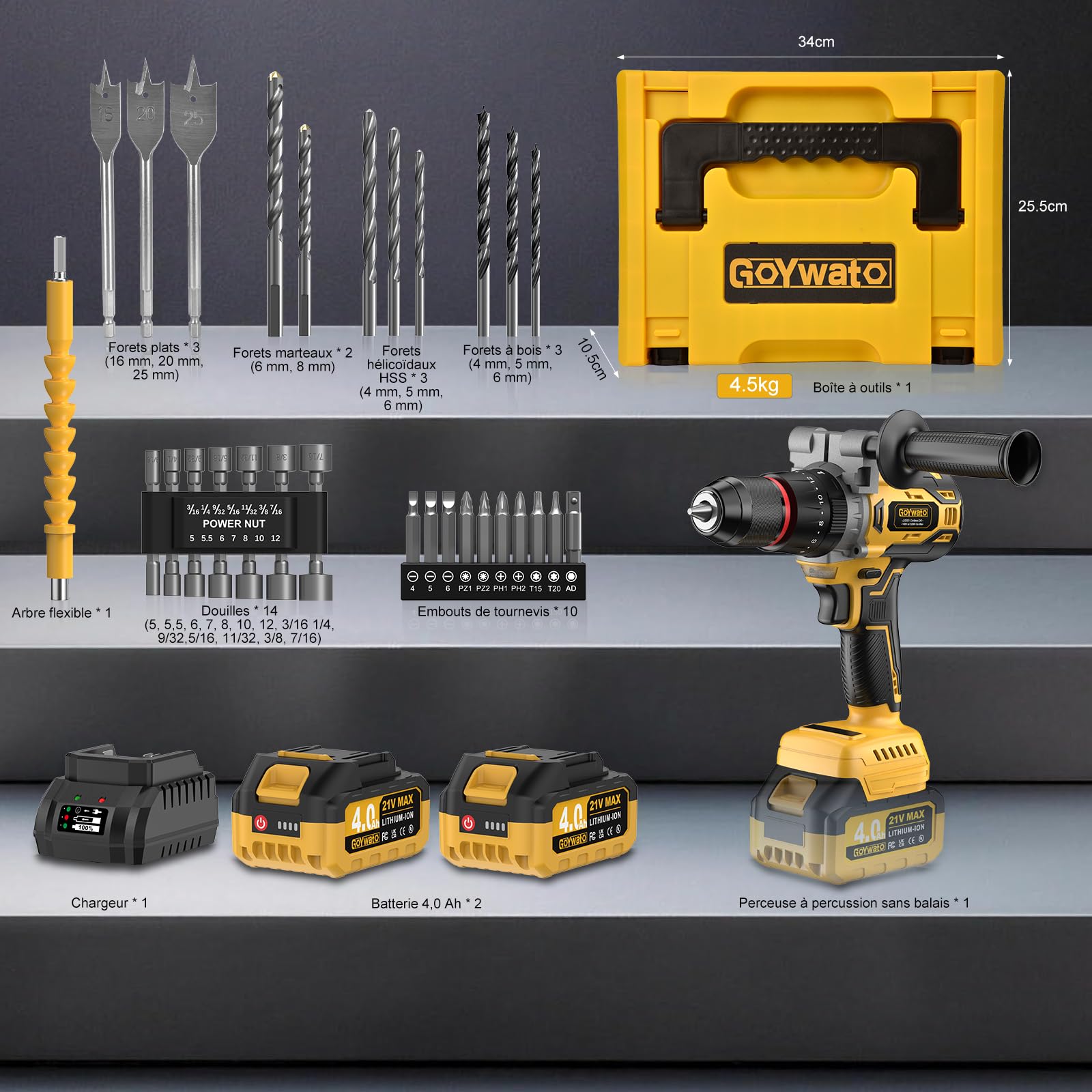 Perceuse Visseuse Sans Fil 21V - 140Nm 2300rpm Max Brushless Visseuse Devisseuse Sans Fil Perceuse à Percussion avec 2 Batteries 4,0Ah, 20+3 Réglages de Couple, Mandrin 13mm, 2 Vitesses pour Bricolage