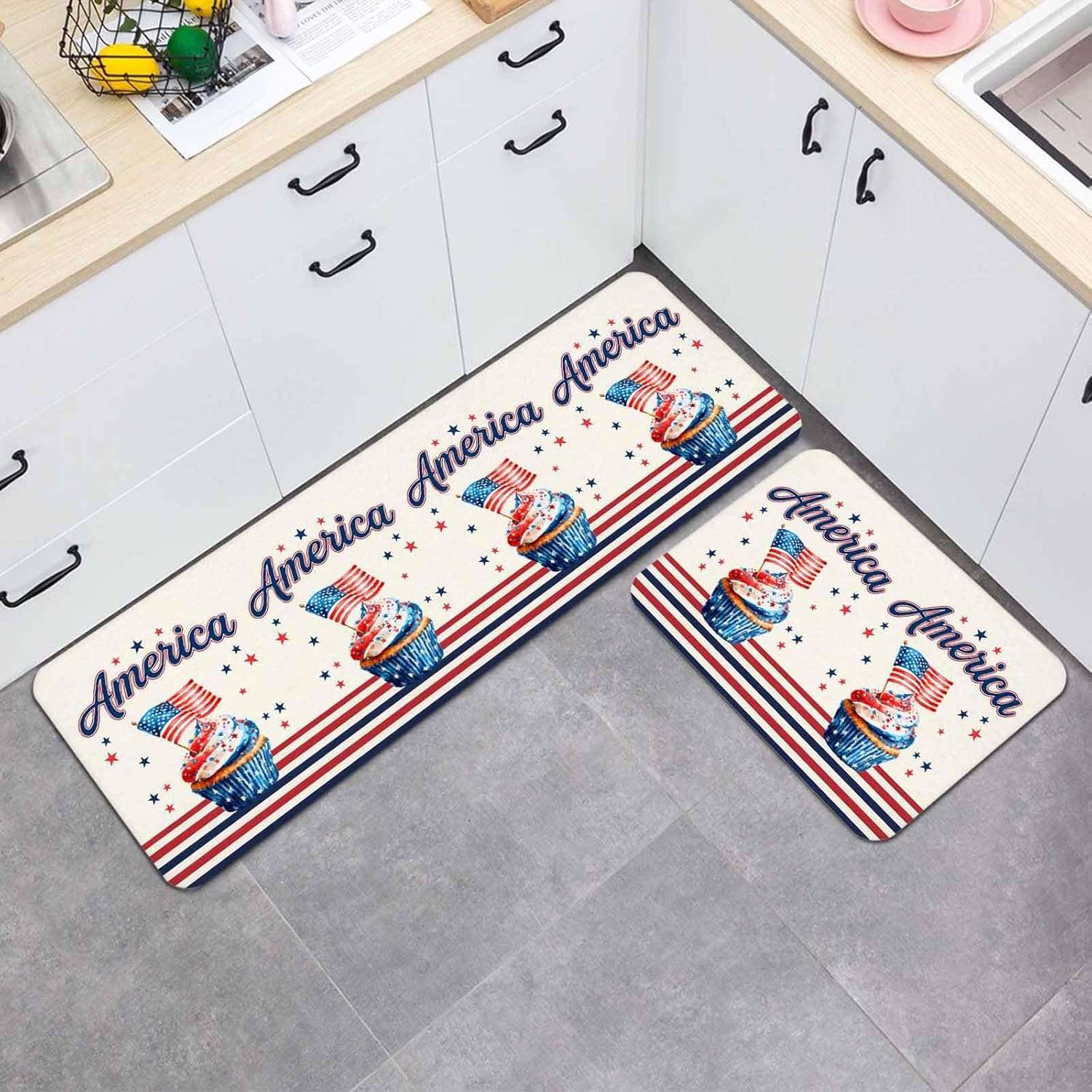 Prime Leader Independence Day Kitchen Mat Set 2 Pieces American Flag Red Black Stripes Ice Cream Beige Non Slip Kitchen Rugs Washable Runner Rug Mats for Sink Laundry (19.7" x 31.5"+19.7" x 63")