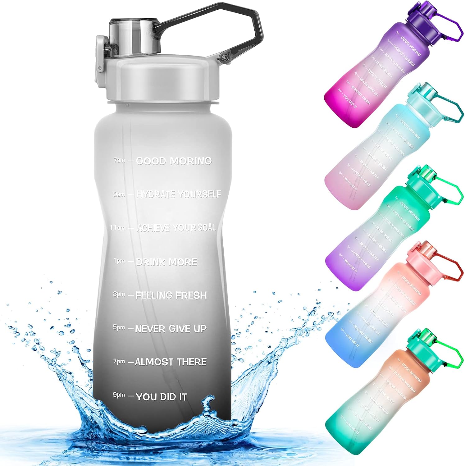 Half Gallon/64 oz Water Bottle, Large Motivational Water Bottles with Time Marker & Straw, 100% Spill Proof BPA Free Tritan Water Jug, for Fitness, Gym, and Outdoor Sports