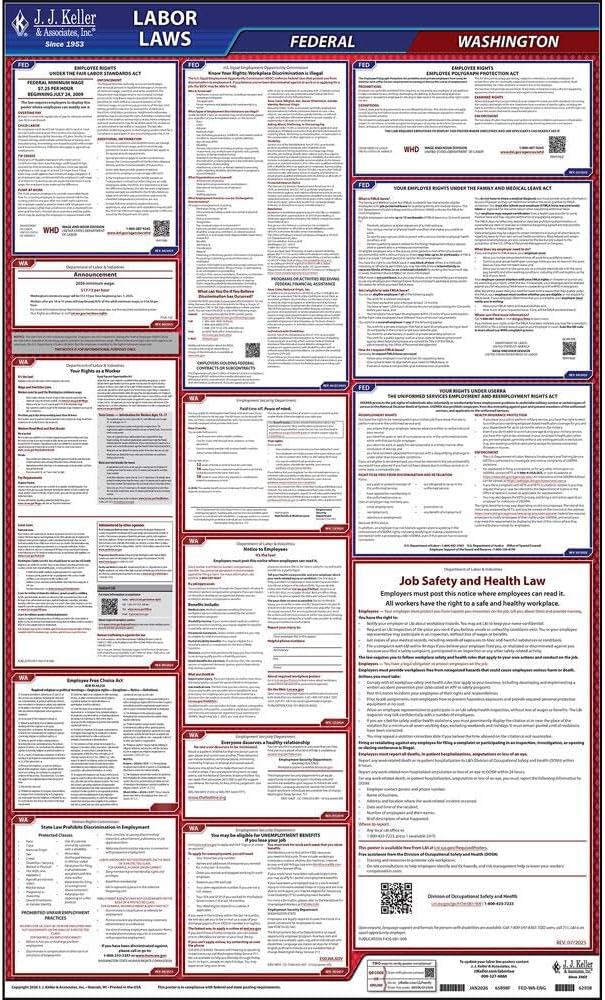 2026 Washington and Federal Labor Law Poster (English, WA State) - OSHA Compliant All-in-One Laminated Poster, J. J. Keller & Associates, Inc.