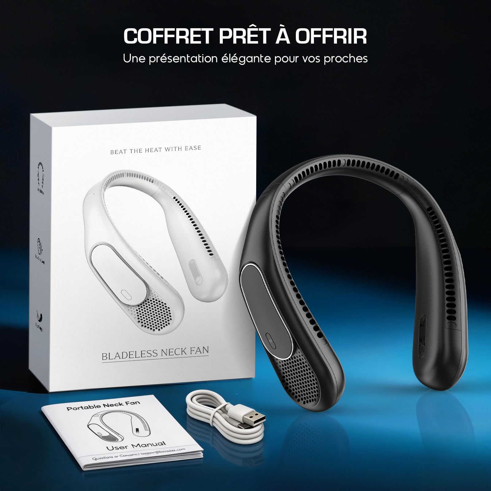 Ventilateur de Cou 6000mAh, Ventilateur Cou Sans Pales Portable, 4 Vitesses, Rechargeable USB, Longue Autonomie, pour Voyage, Bureau et Extérieur