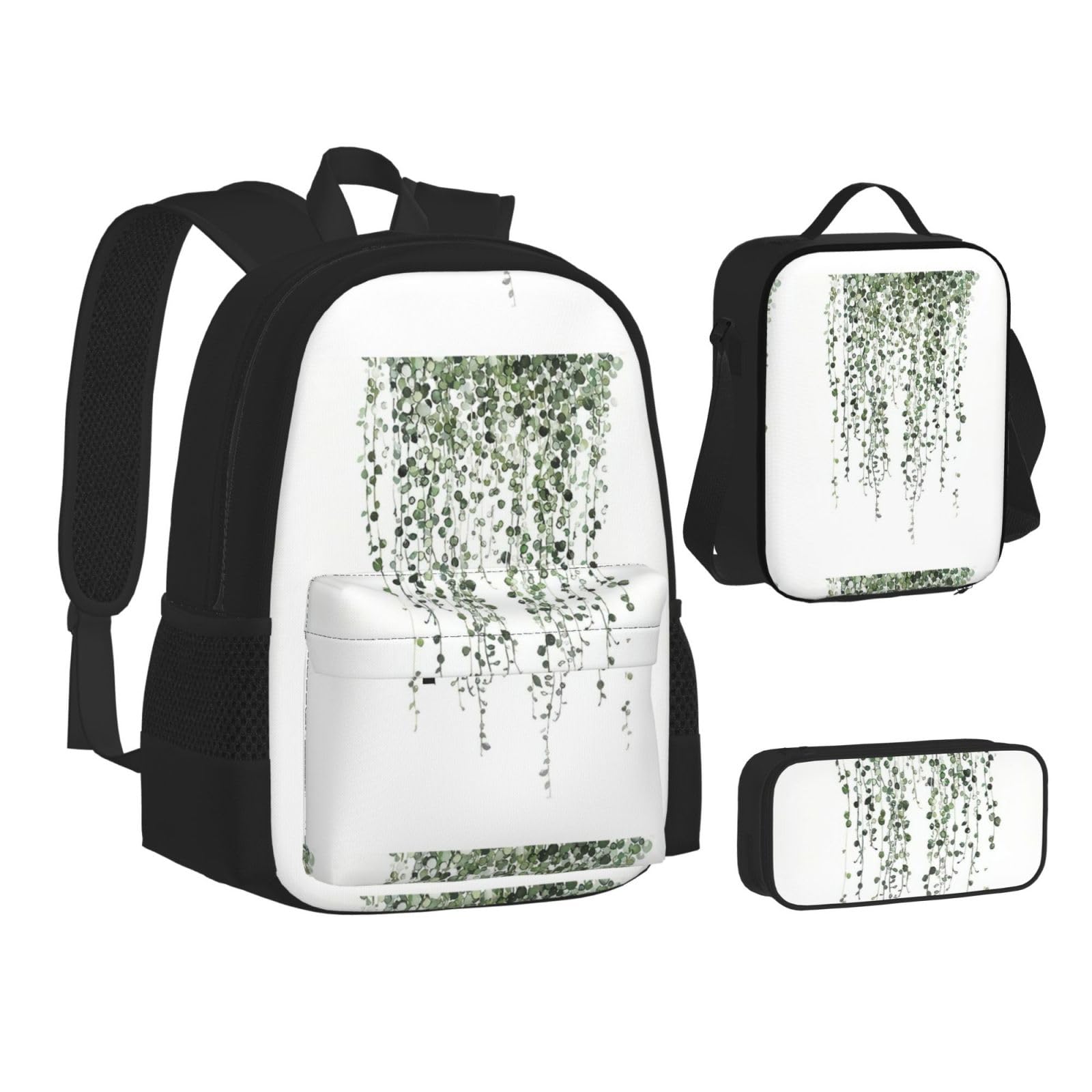 YHBLYKXP Green Plants print 3-Piece Casual Backpack Set (Backpack + Waist Bag + Small Pouch), Unisex Daypack