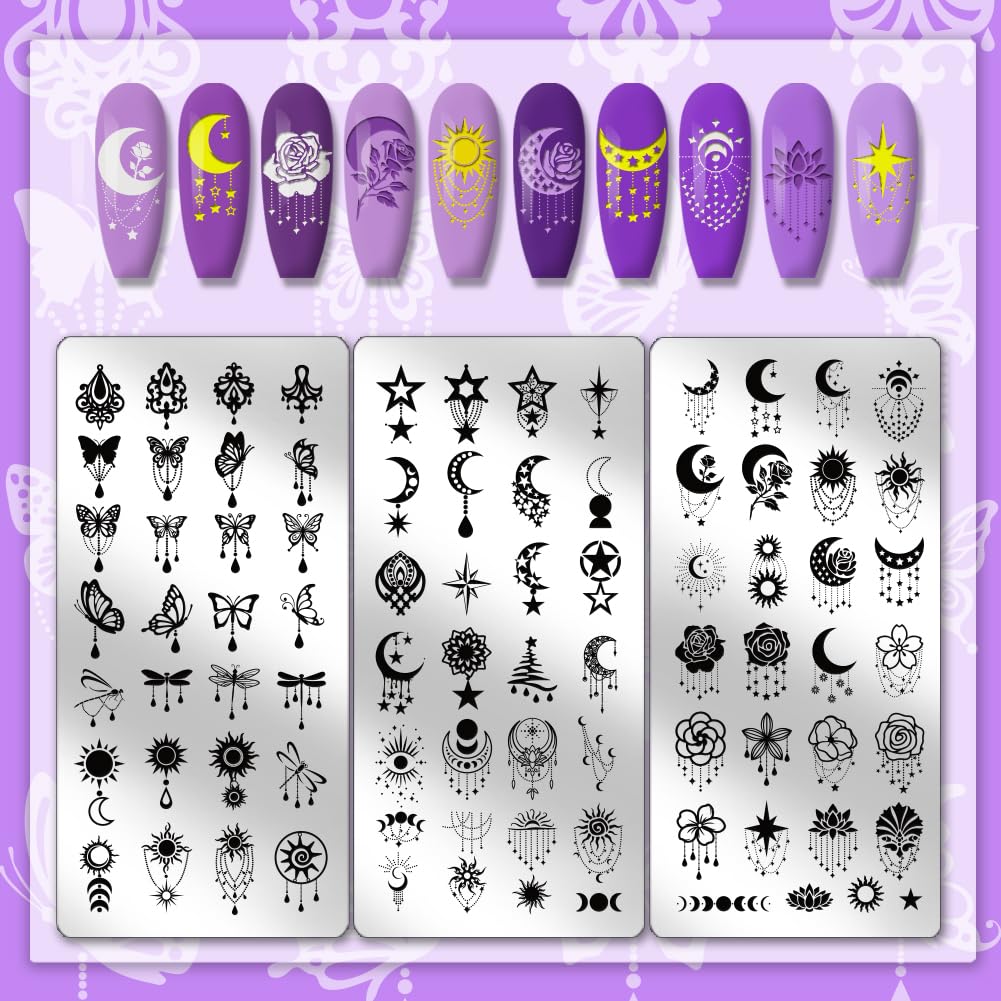 PH PandaHall 3pcs Moon Star Pattern Nail Stamp Plate Star Butterfly Nail Art Template Stainless Steel Nails Image Plate Flower Nail Art Stencils for Women DIY Printing 12x6cm - Image 3