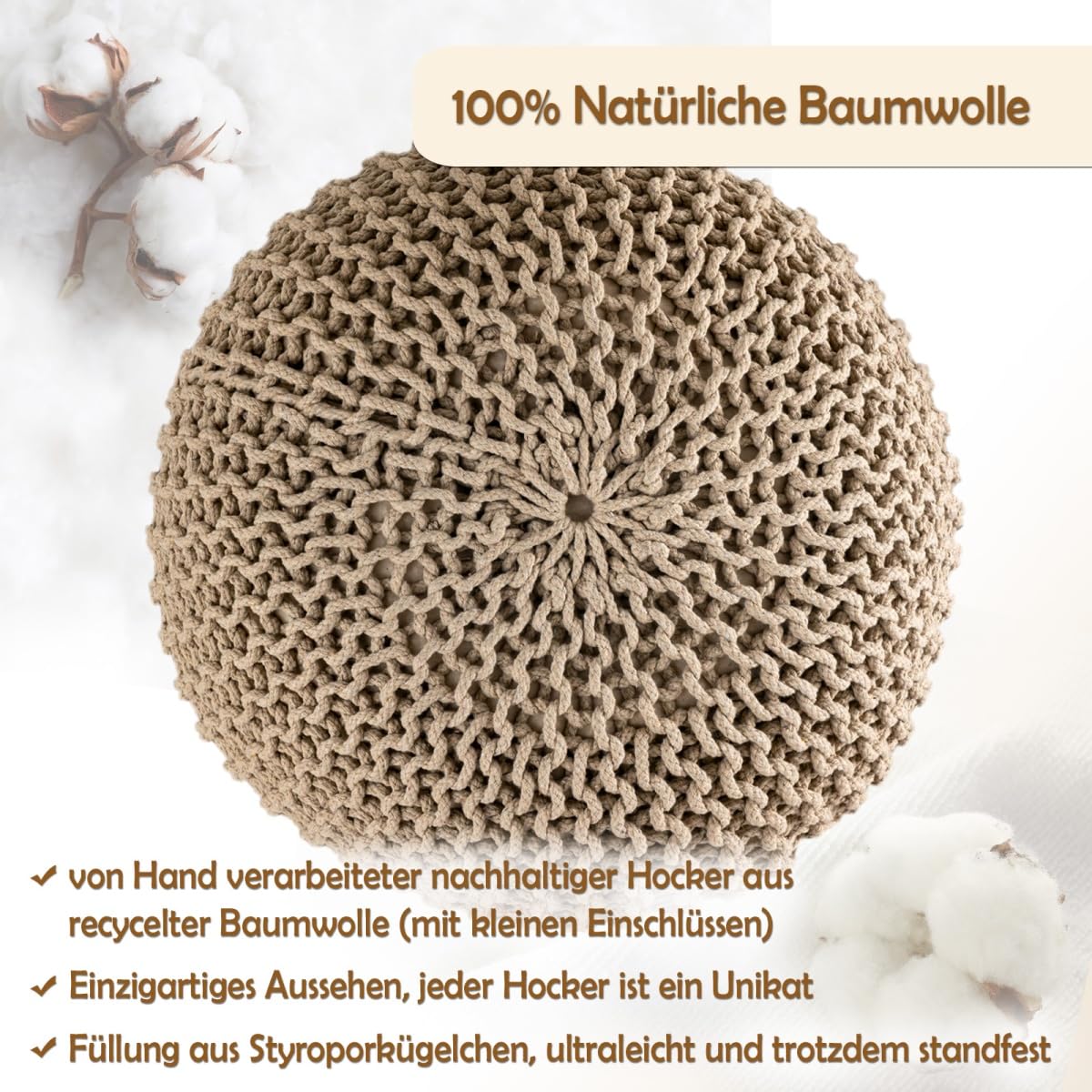 Strickhocker Pouf Ø45 o. 55cm Bodenkissen Sitzpouf XXL Baumwolle nachhaltig Größe ø 55 cm, Farbe beige
